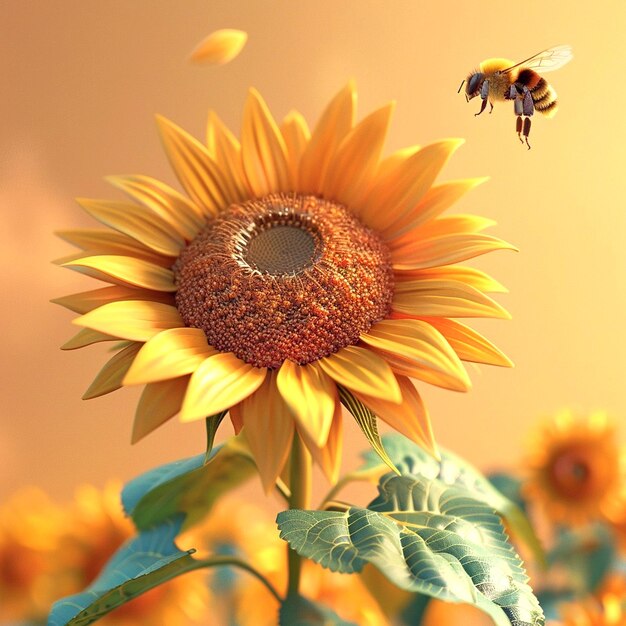 Foto ilustración al estilo de dibujos animados de un girasol con una abeja volando sobre un fondo amarillo