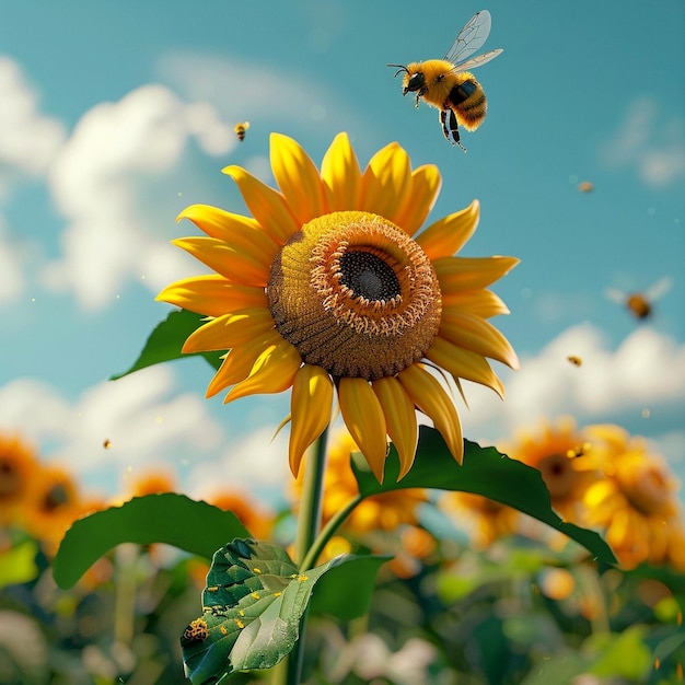 Foto ilustración al estilo de dibujos animados de girasol en el campo con una abeja volando por encima en el fondo del cielo