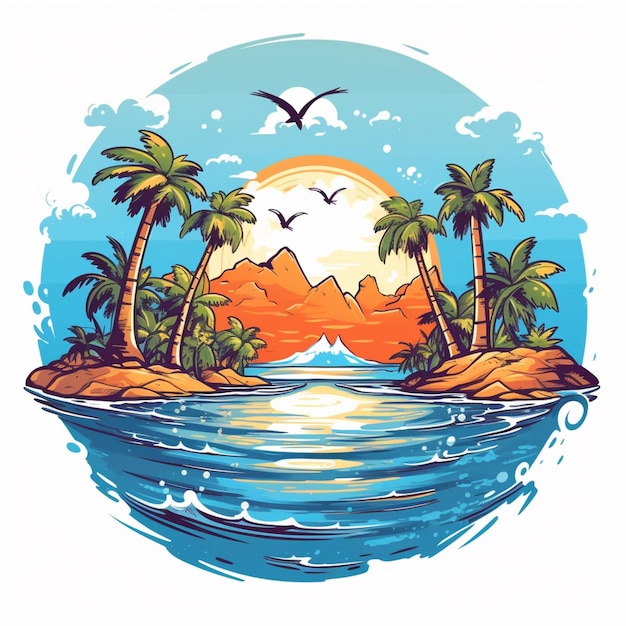 Una ilustración al estilo de dibujos animados de una isla tropical con palmeras y una puesta de sol generativa ai