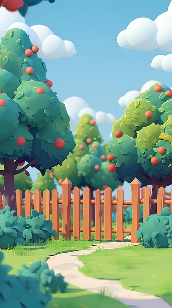 Foto una ilustración al estilo de dibujos animados de un jardín con árboles y una valla