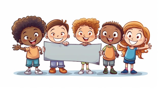 Foto ilustración al estilo de dibujos animados de niños lindos felices sosteniendo un tablero vacío en un fondo blanco aislado para el día de los niños generative ai