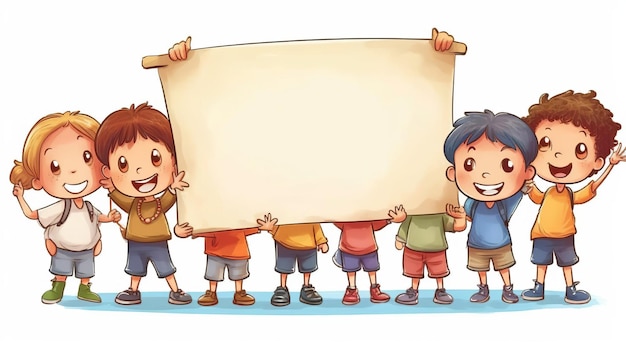 Ilustración al estilo de dibujos animados de niños lindos felices sosteniendo un tablero vacío en un fondo blanco aislado para el día de los niños Generative ai