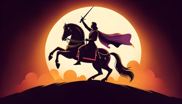 Ilustración al estilo de dibujos animados de la silueta de Shivaji maharaj a caballo con una espada