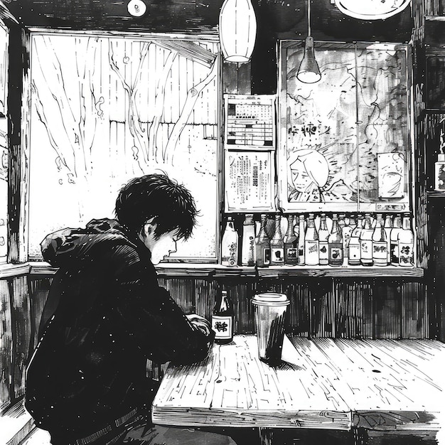 Foto ilustración al estilo manga de un hombre sentado solo en un café generada por ia imagen