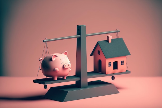 Foto ilustración de una alcancía rosa y un símbolo de hogar encaramado en un balancín