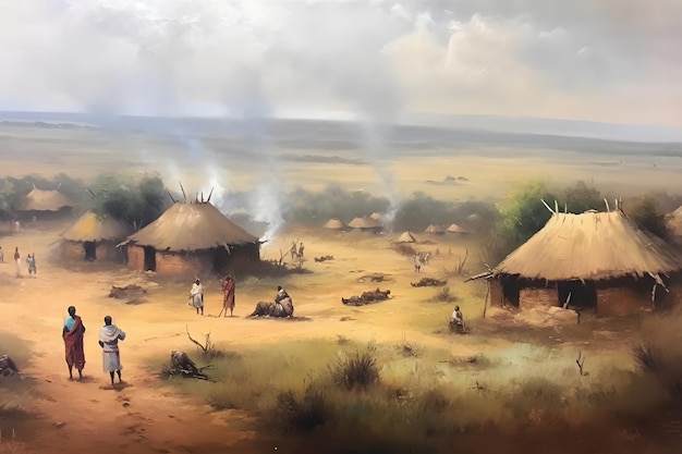 Ilustración de aldea africana tribu personas étnicas red neuronal ai generada
