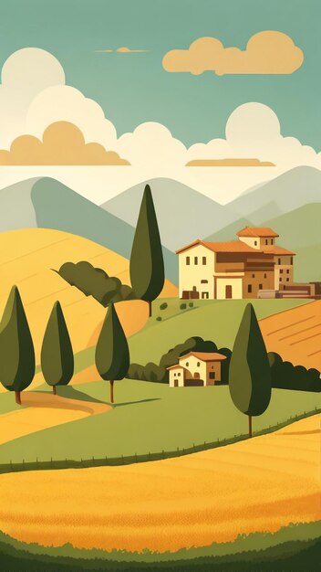 Ilustración de la aldea italiana El trasfondo del campo italiano