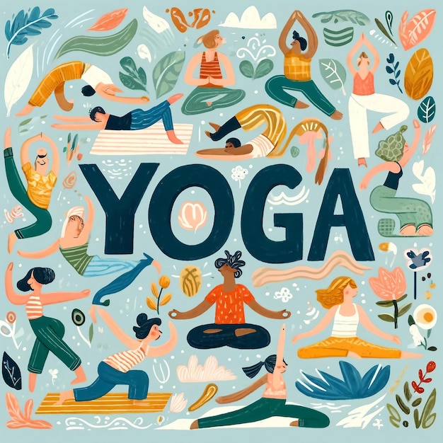 Ilustración alegre de yoga con telón de fondo azul