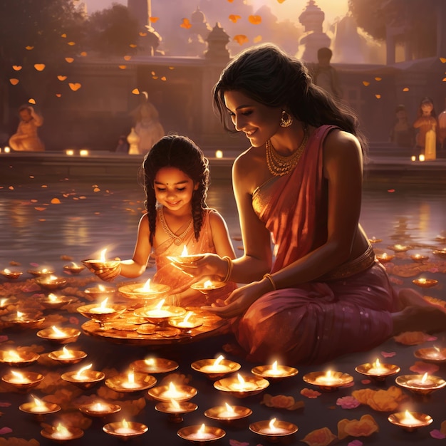 Ilustración de alegres representaciones de las celebraciones de Diwali.