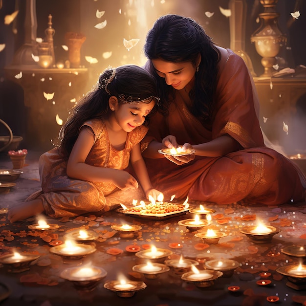 Ilustración de alegres representaciones de las celebraciones de Diwali.
