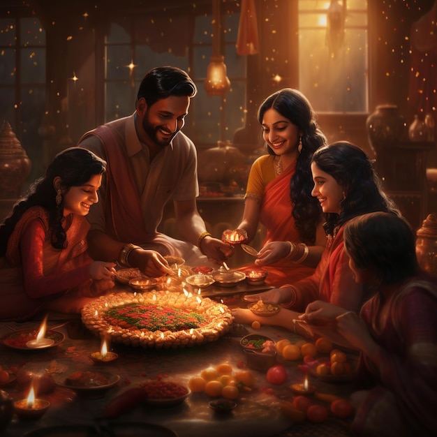 Ilustración de alegres representaciones de las celebraciones de Diwali.