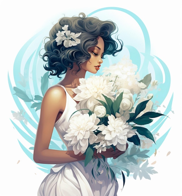 una ilustración de alguien vestido de blanco sosteniendo flores al estilo del simbolismo tropical blanco oscuro