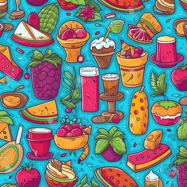 Ilustración de alimentos coloridos Símbolos de verano IA generativa