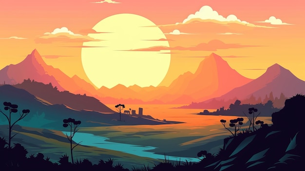 Ilustración del amanecer en las montañas Una vista pintoresca del valle IA generativa