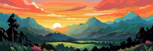 Ilustración del amanecer en las montañas Una vista pintoresca del valle IA generativa