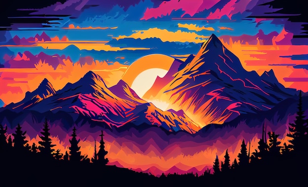 Ilustración amanecer multicolor en las montañas AI generativa