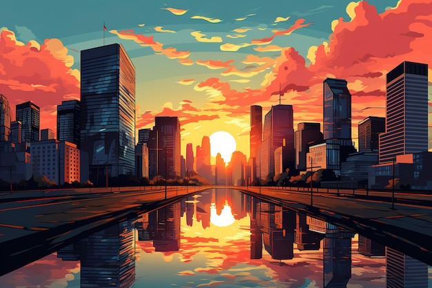 Ilustración de un amanecer o una puesta de sol sobre una ciudad moderna en un río hermoso paisaje urbano soleado