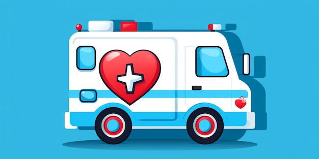 Ilustración de una ambulancia blanca con un corazón y una cruz en el frente generativo ai