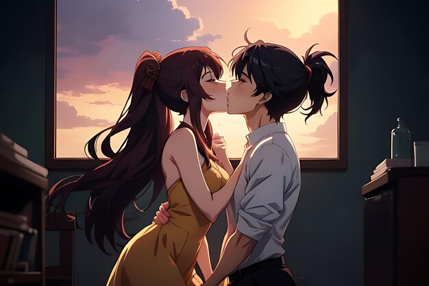 Ilustración de amor beso anime para el otro escena romántica y futurista