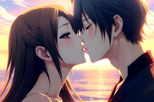 Foto ilustración de amor beso anime para el otro escena romántica y futurista