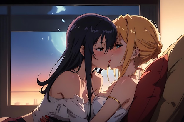 Foto ilustración de amor beso anime para el otro escena romántica y futurista