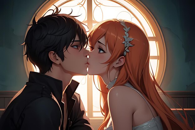 Ilustración de amor beso anime para el otro escena romántica y futurista