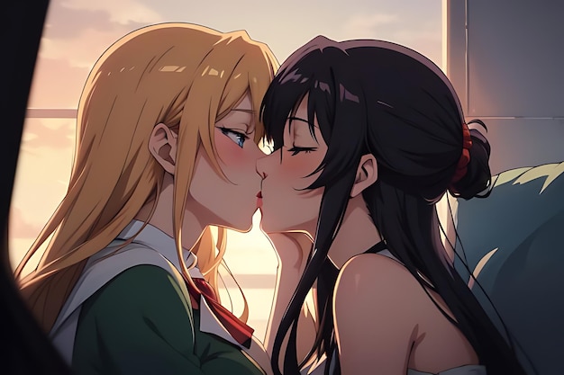 Foto ilustración de amor beso anime para el otro escena romántica y futurista