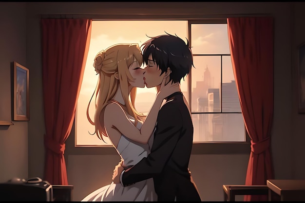 Ilustración de amor beso anime para el otro escena romántica y futurista