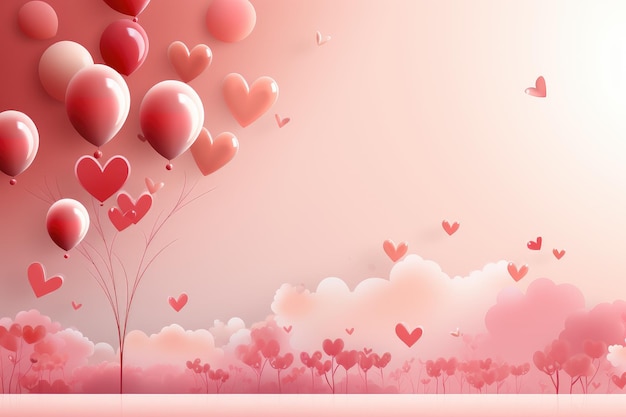 Ilustración de amor caprichosa con corazones rosados y rojos en un fondo suave