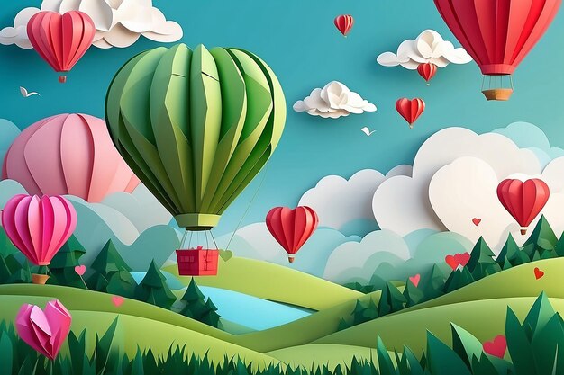 Ilustración de amor y día de San ValentínOrigami hizo globo de aire caliente volando sobre la hierba con corazón flotando en el estilo de arte y artesanía digital skypaper