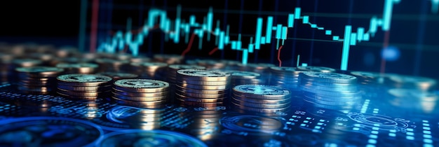 Ilustración de análisis de mercado Fondo de moneda 3D con gráfico azul e informes de moneda