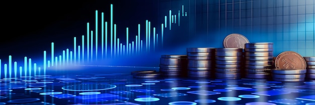 Ilustración de análisis de mercado Fondo de moneda 3D con gráfico azul e informes de moneda