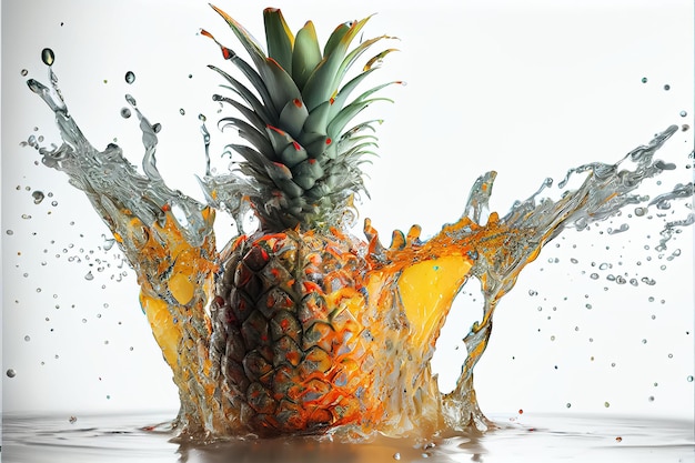 Ilustración de ananas frescas con salpicaduras de agua sobre fondo blanco.