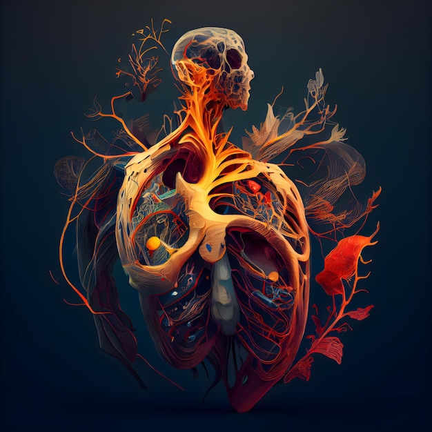 Ilustración de la anatomía del corazón humano de la anatomía del corazón humano sobre fondo oscuro