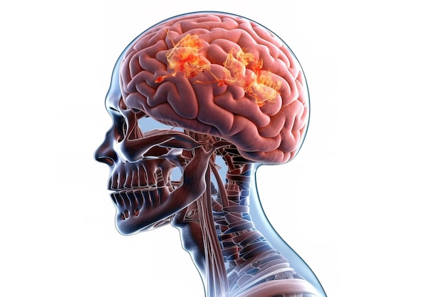 Ilustración de anatomía renderizada en 3D de una forma de cuerpo humano con cerebro activo