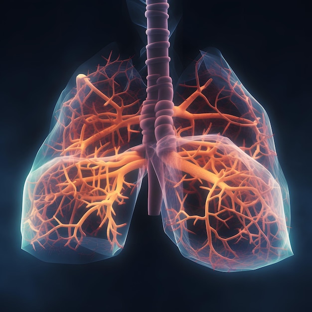 Ilustración de anatomía renderizada en 3D del pulmón humano con bronquios