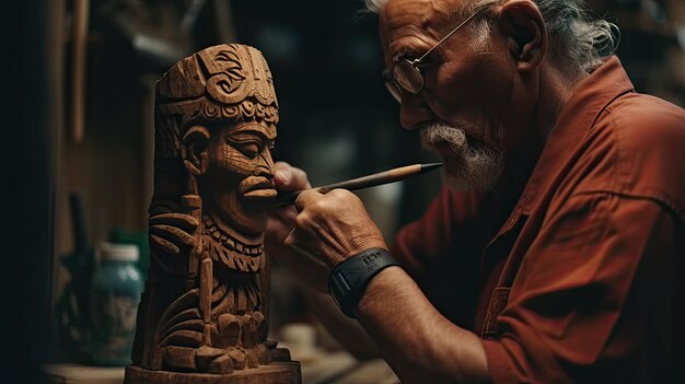 Foto ilustración de un anciano haciendo una escultura de madera