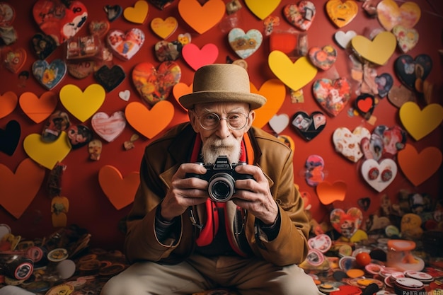 ilustración de un anciano posando con una cámara sobre fondo naranja al estilo de la fotografía de moda