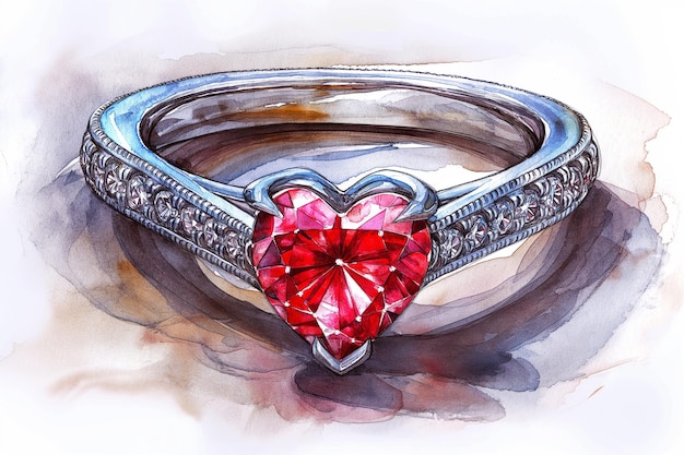 Ilustración de un anillo de piedra preciosa roja en forma de corazón rodeado de diamantes