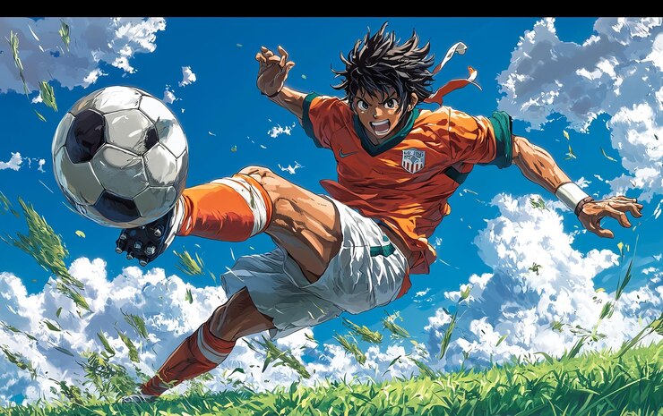 Ilustración animada de un jugador de fútbol pateando la pelota