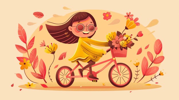 Foto ilustración animada de una niña con flores montando en bicicleta en otoño