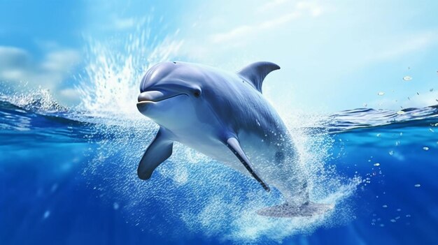Ilustración animal delfín juguetón saltando en azul