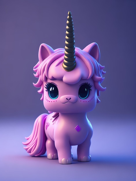 Ilustración de un animal de peluche de unicornio rosa mágico con un cuerno dorado creado con tecnología de IA generativa