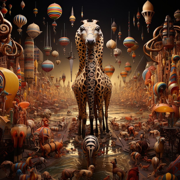 Ilustración de animales africanos celebrando el carnaval surrealismo, generativo ai