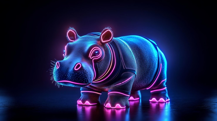 Foto ilustración de animales renderizados en 3d de hipopótamo de neón en brillo futurista