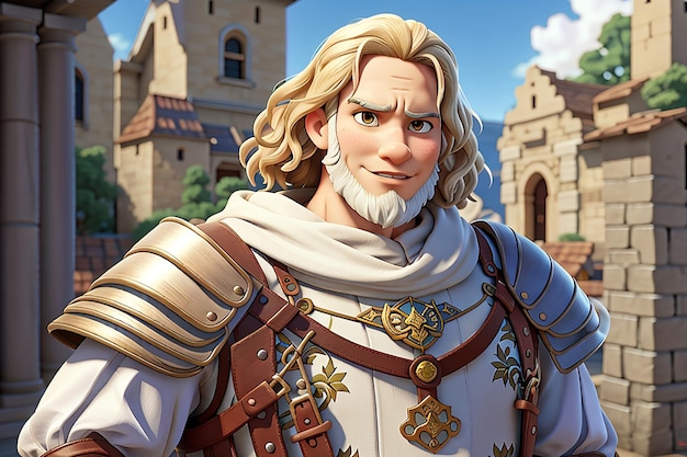 Ilustración de anime 3D de un personaje histórico medieval.