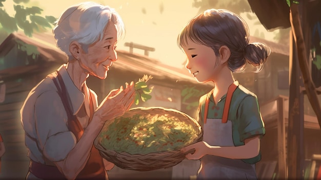 Ilustración de anime de una anciana y una niña sosteniendo una canasta de comida generativa ai