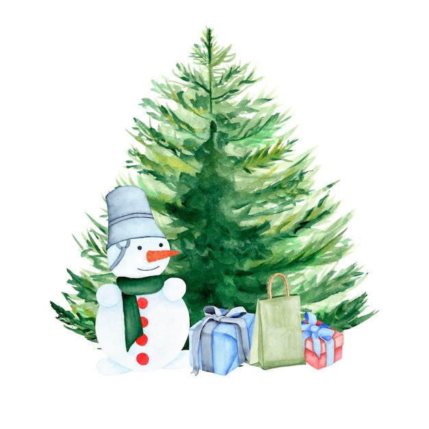 Ilustración de Año Nuevo de un árbol de Navidad regalos y un muñeco de nieve la imagen está hecha con acuarelas