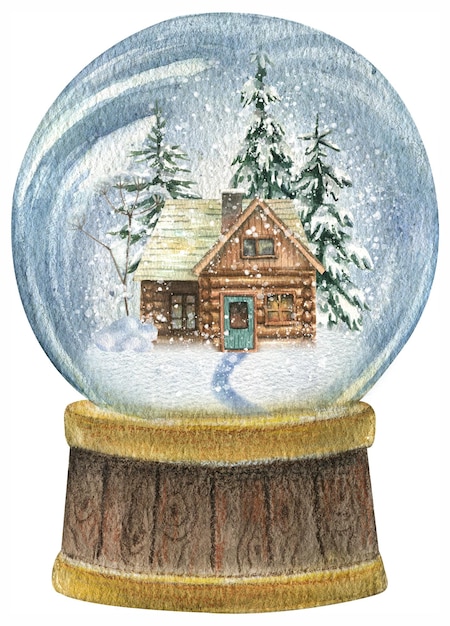 Ilustración de Año Nuevo de una bola de nieve en la que hay una casa de madera y árboles de Navidad