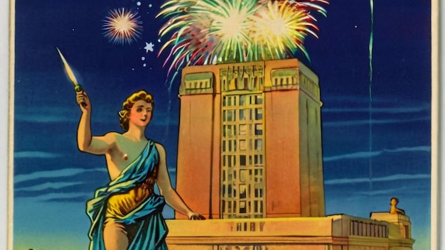 una ilustración antigua de una estatua con fuegos artificiales en el fondo